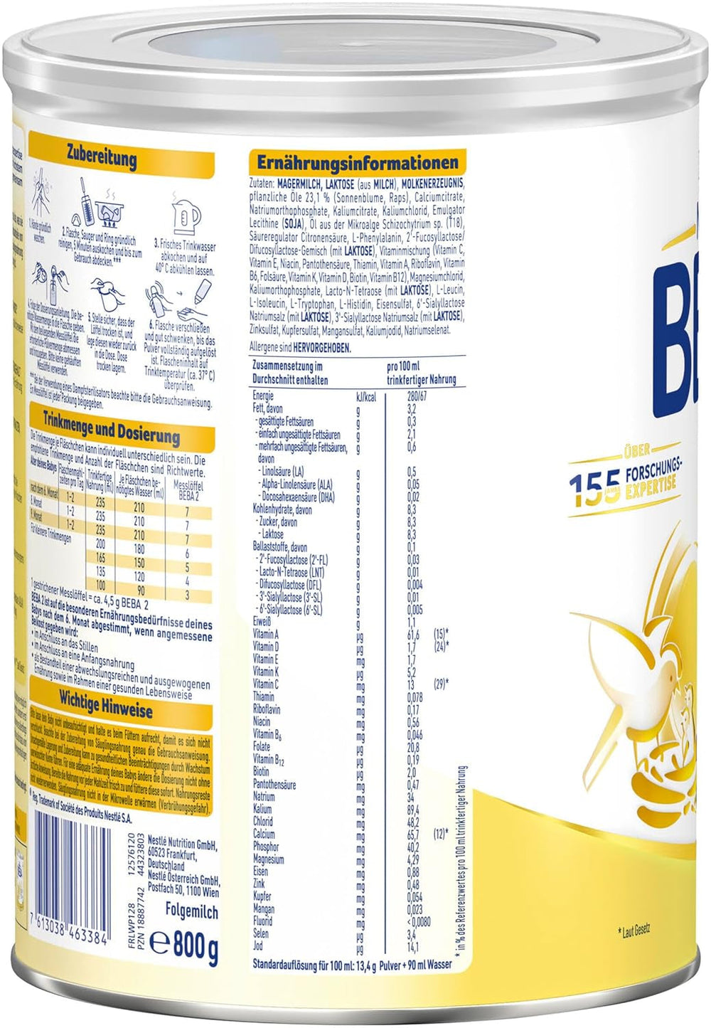 BEBA 2 - Lapte de continuare după 6 luni, cu complex 5 HMO, conținut proteic adecvat vârstei, fără lactoză, fără ulei de palmier, fără ulei de pește, hrană pentru bebeluși, lapte praf pentru bebeluși, pachet de 3 (3 x 800g)