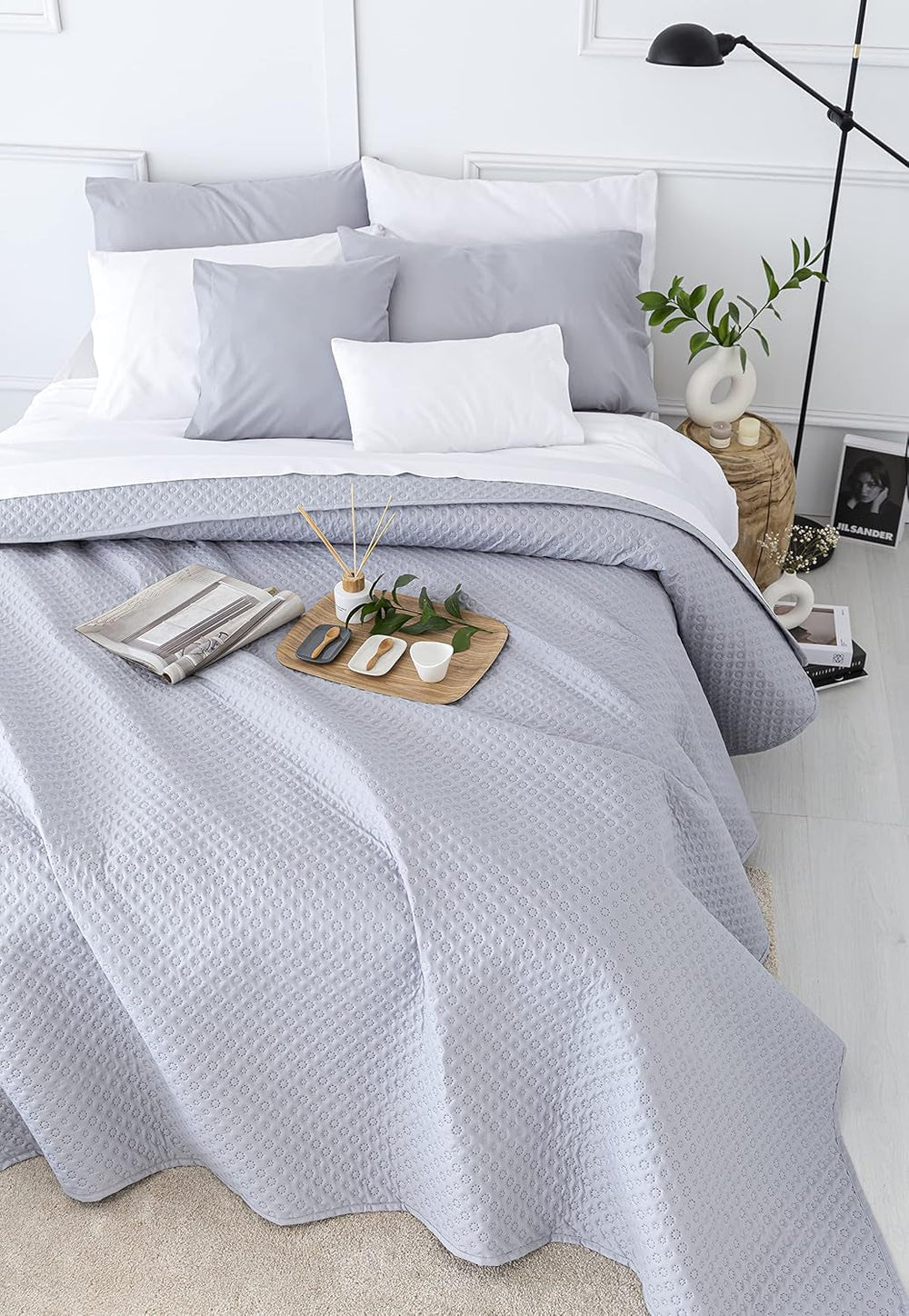 Cuvertură de pat Todocama Fine Boutique cu motiv Piqué, pentru primăvară, vară, toamnă și iarnă, 100% microfibră foarte moale, cuvertură multifuncțională, 140/150/160-250 X 260 cm, gri deschis Paturi si Cuverturi Besuche den Todocama-Store