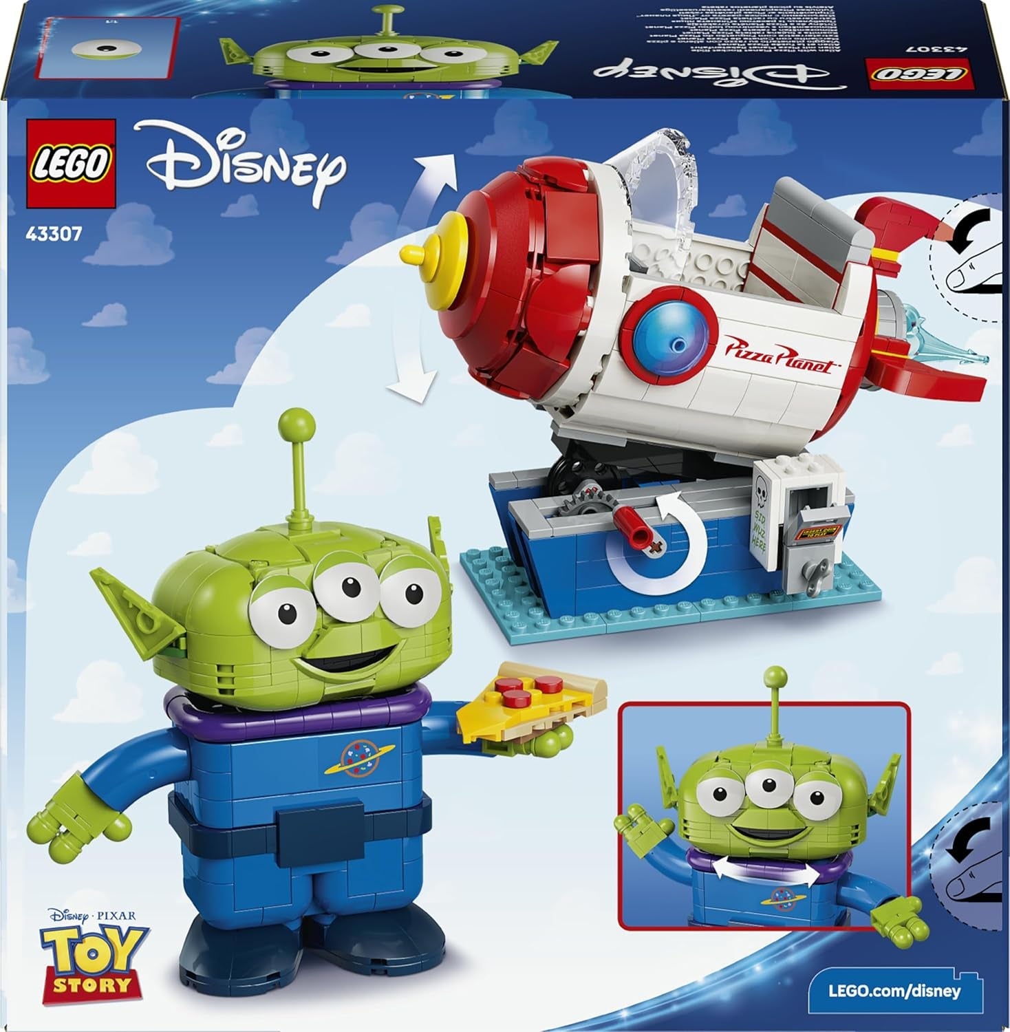 LEGO Disney and Pixar Toy Story Alien mit Pizza Planet Raketenfahrt - Raumschiff Spielzeug mit Alien Figur als DIY Deko - Geschenk für Jungen und Mädchen ab 9 Jahren sowie Toy Story Fans - 43307