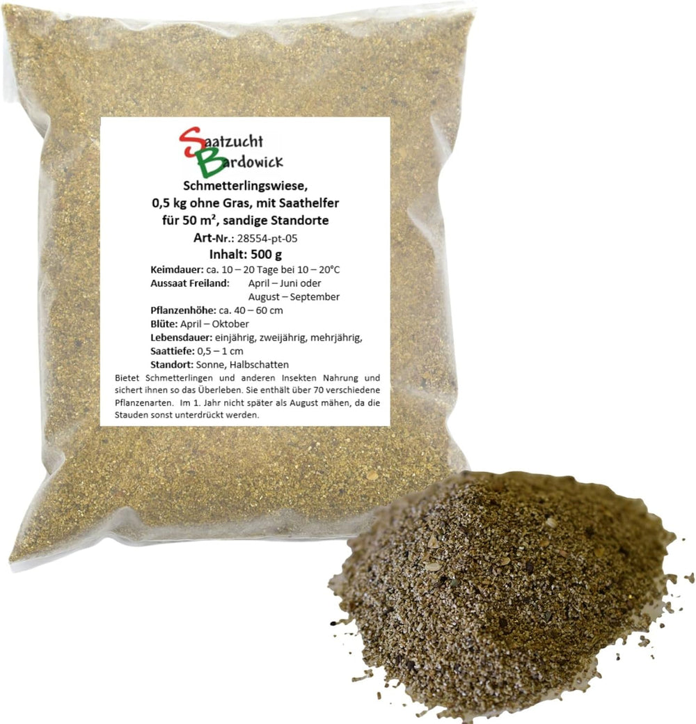 50-75 M² Schmetterlingswiese 0,5 Kg (Ohne Gras, Mit Saathelfer) – Für Sandige Standorte 500G Wildblumenmischung Blumenmischung