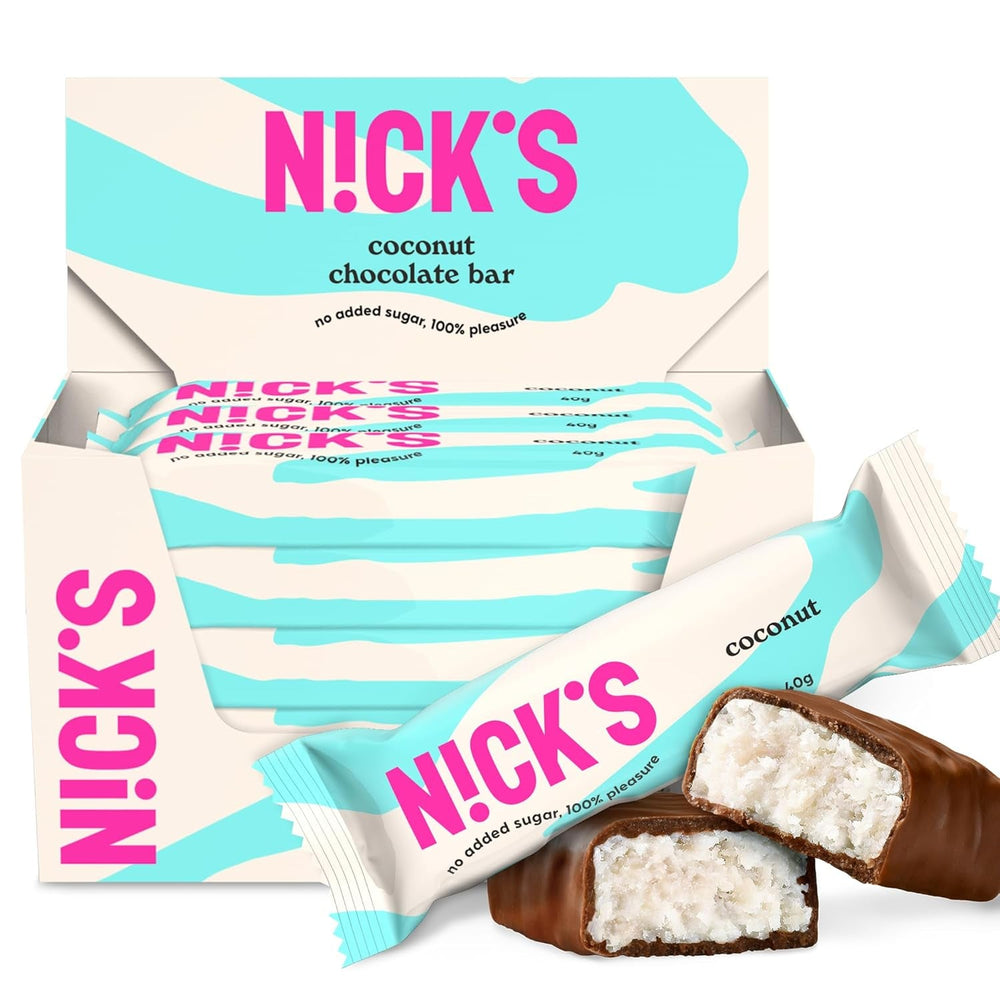 NICKS Batoane Keto cu Nucă de Cocos, Gustări cu Ciocolată și Nucă de Cocos, 175 calorii, 2 carbohidrați neți, fără zahăr adăugat, fără gluten, dulciuri cu conținut scăzut de carbohidrați (15 x 40 g)