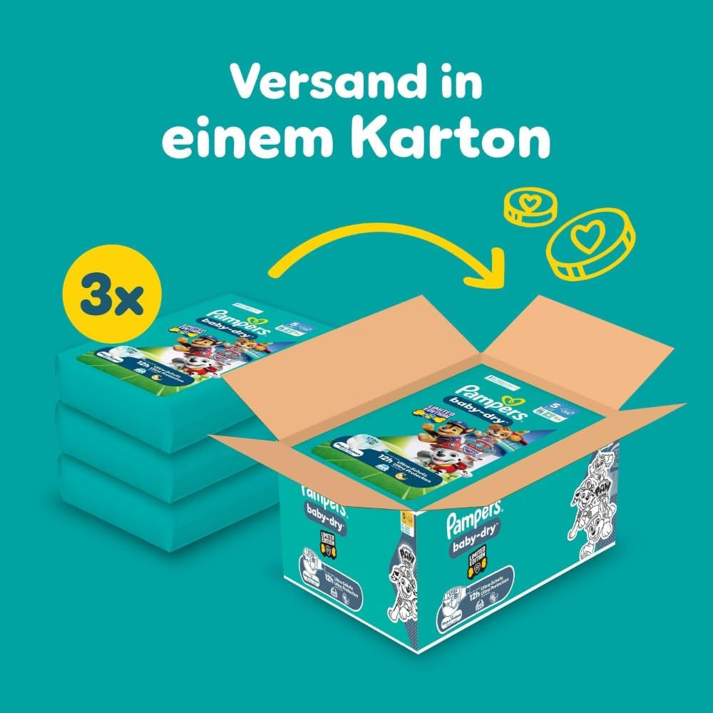 Scutece Pampers Baby-Dry Ediția Patrula Cățelușilor, mărimea 5, 186 de scutece, 11 kg - 16 kg, protecție împotriva scurgerilor de până la 100% și confort toată noaptea