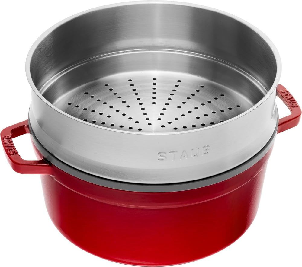 STAUB Gusseisen Bräter/Cocotte, Mit Dämpfeinsatz Aus Edelstahl, Rund 26 Cm, 5,2 L, Aromaregen Funktion Für Optimale Befeuchtung, Für Alle Herdarten Inkl. Induktion & Backofen, Kirschrot, Rot Matrite si tavi pentru copt Naty Shop