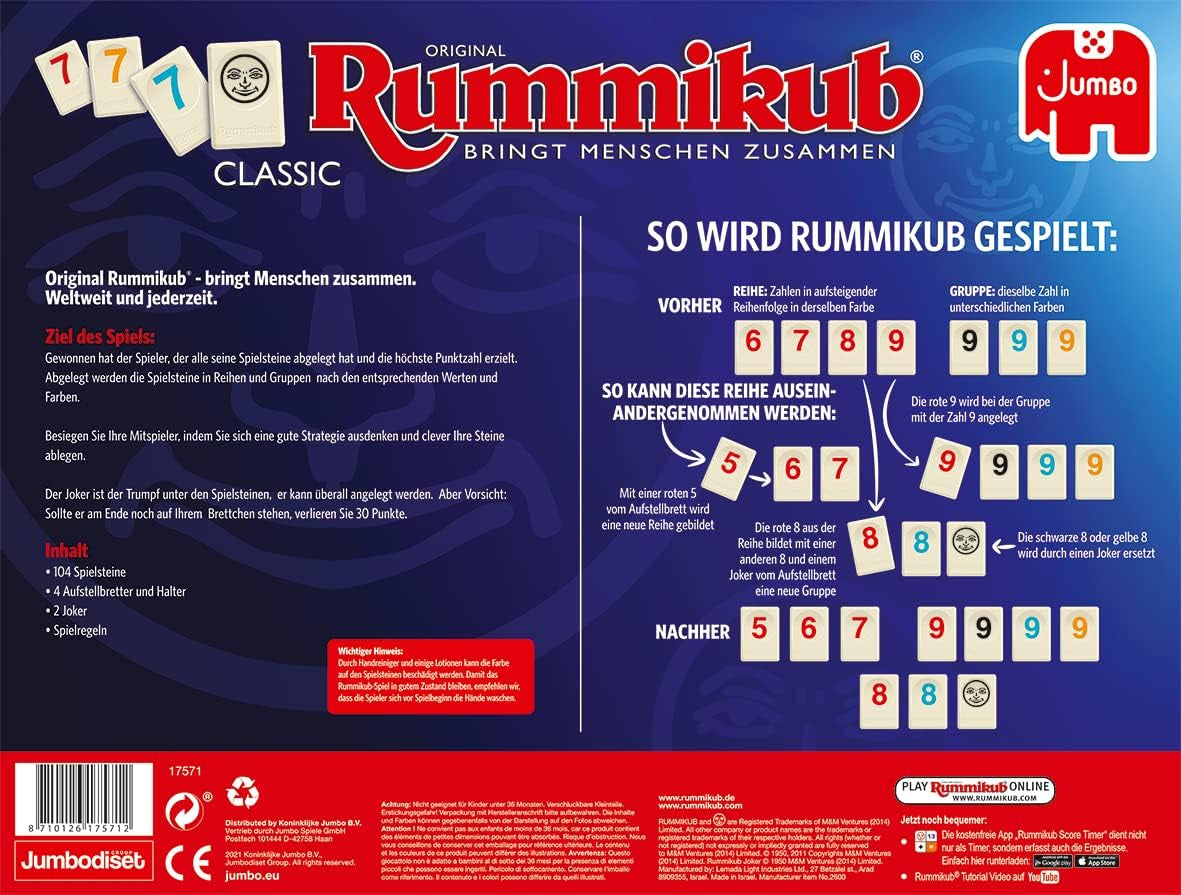 Jumbo Spiele Original Rummikub Classic - der Spieleklassiker unter den Gesellschaftsspielen - für Erwachsene und Kinder ab 7 Jahren JUM17571 Mehrfarbig 2,7 x 3,7 cm