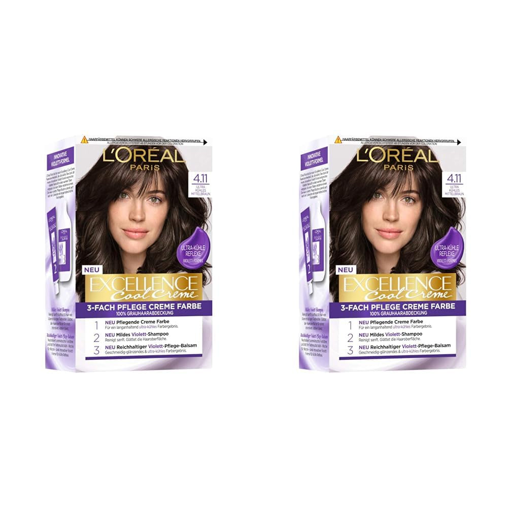 L'Oréal Paris Vopsea de păr permanentă cu rezultat de culoare, acoperire 100% a părului gri, set cu colorare, șampon și cremă de îngrijire, Excellence Cool Creme, nr. 4.11 Ultra rece maro mediu (maro) Vopsea pentru par Naty Shop Titlu implicit