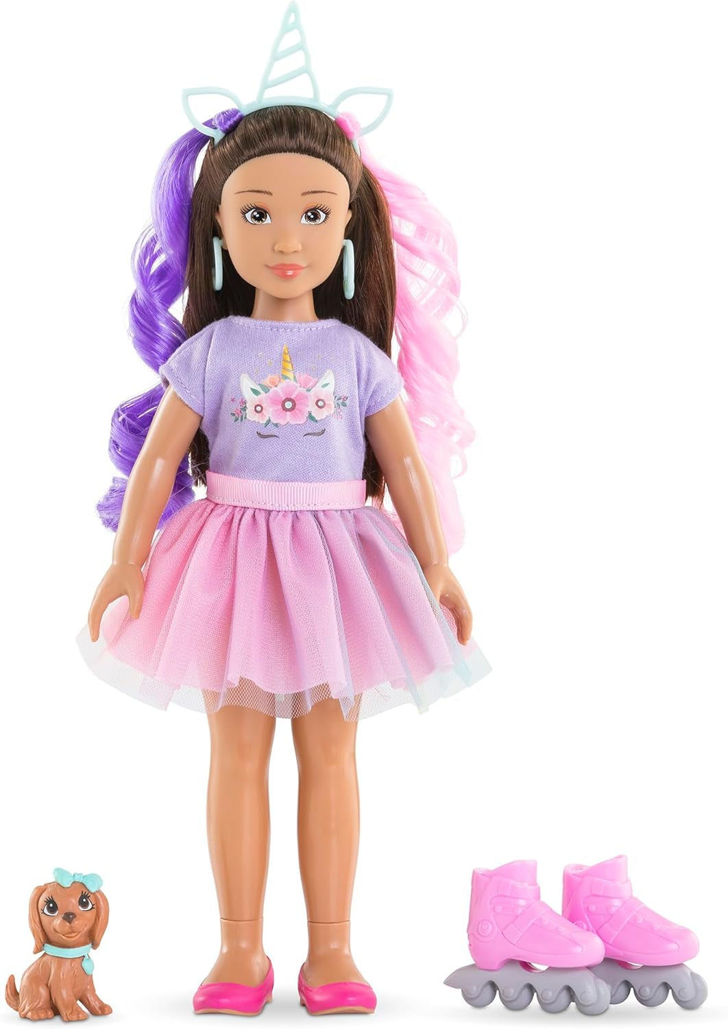Corolle Girls Luna Einhorn Set, Ankleidepuppe mit Hund, Unicorn-Haarreif, Ohrringe und extra Inlineskates, Vanilleduft, 28cm, ab 4 Jahren