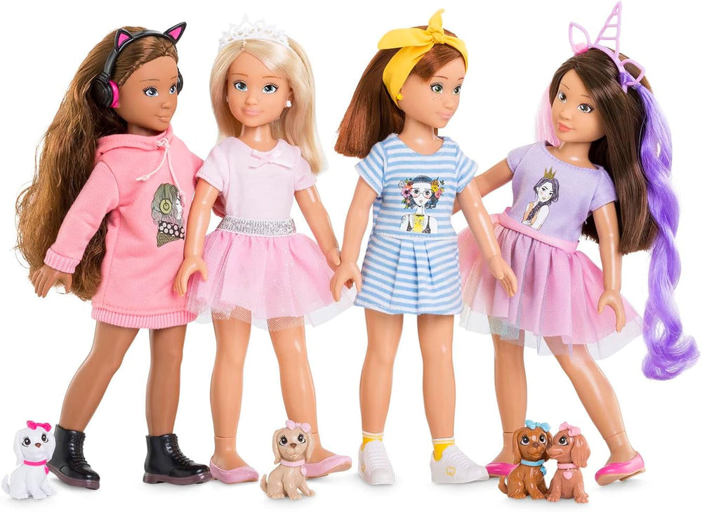 Corolle 9000600030 - Girls Luna Einhorn Set, Ankleidepuppe im Sommeroutfit mit Hund, mit Haarband, Ohrringe und extra Gummistiefel, 28cm Spielpuppe mit Vanilleduft, ab 4 Jahren