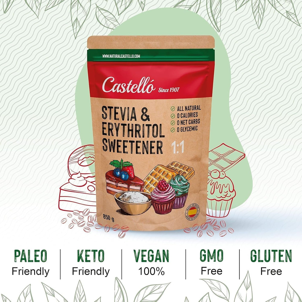 Stevia + Erythrit 1:1 Süßstoff | 1G = 1G Zucker | 100% Natürlicher Zuckerersatz - 0 Kalorien - 0 Glykämischer Index - Keto Und Paleo - 0 Netto-Kohlenhydrate - Kein GVO - Castello since 1907-850 G Indulcitori Naty Shop