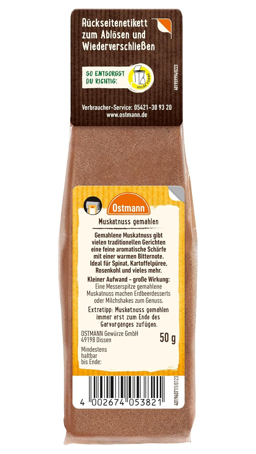 Ostmann Gewürze - Muskatnuss gemahlen | Ideal zum Würzen von Kartoffelgerichten | Zum Nachfüllen der Streudose | 50 g im wiederverschließbaren Beutel