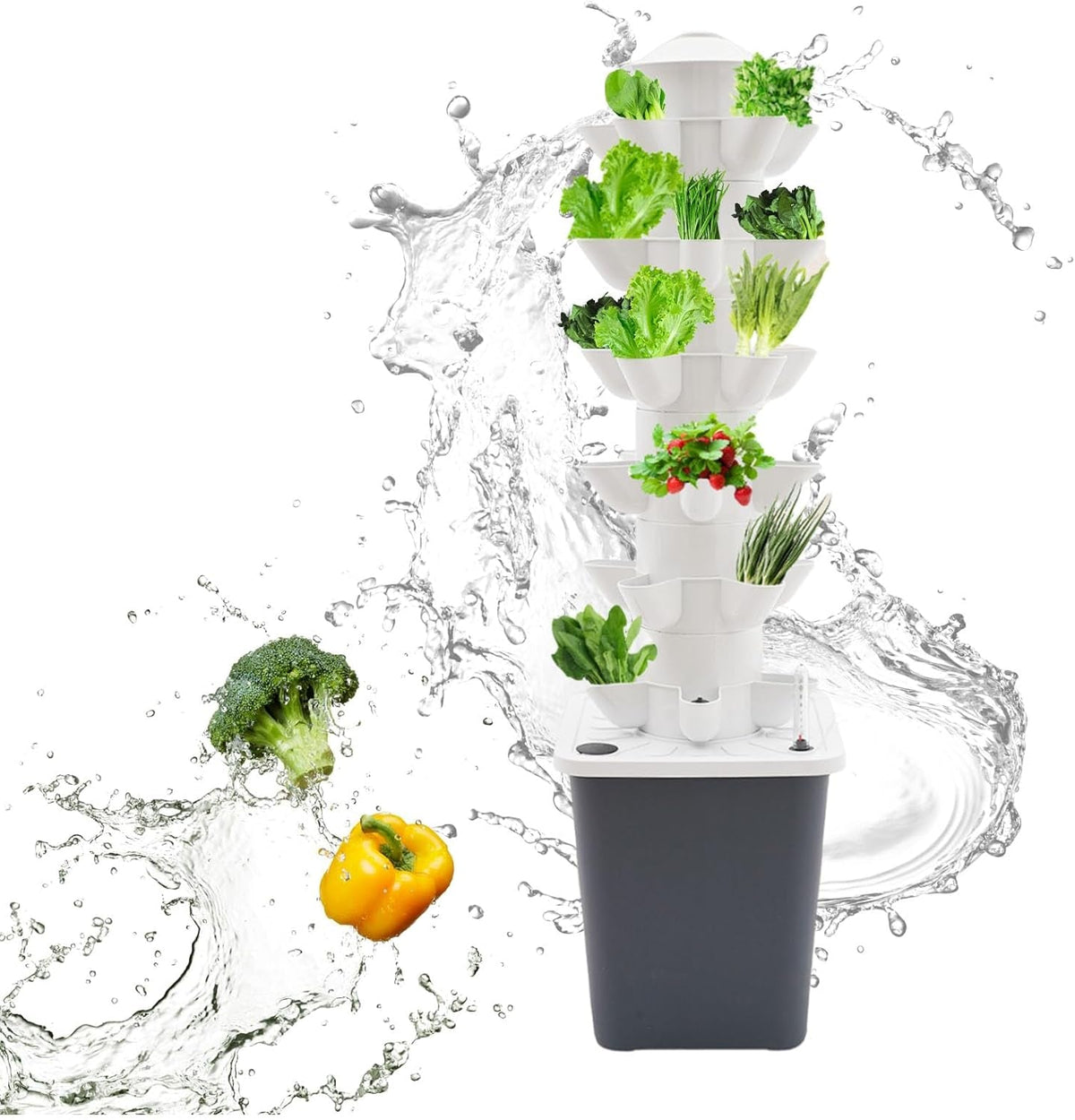 Turn hidroponic cu 30 de capsule, sistem de creștere hidroponică pentru grădină, kit de creștere verticală hidroponică cu 6 niveluri, turn aeroponic cu pompă de hidratare, adaptor și pat de însămânțare (gri)
