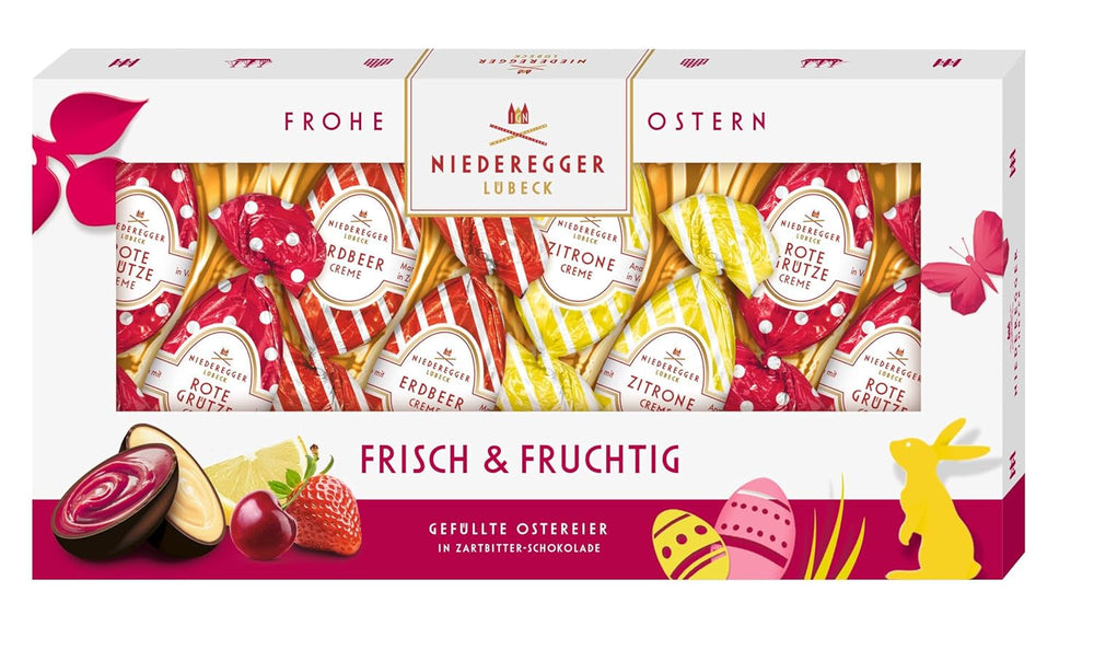 Niederegger | Ouă de ciocolată | Proaspete și fructate | 1 x 100g | Ouă umplute cu arome de lămâie, căpșuni și cremă de fructe de pădure roșii | Acoperite cu ciocolată neagră | Ouă de Paște | Cadou de Paște
