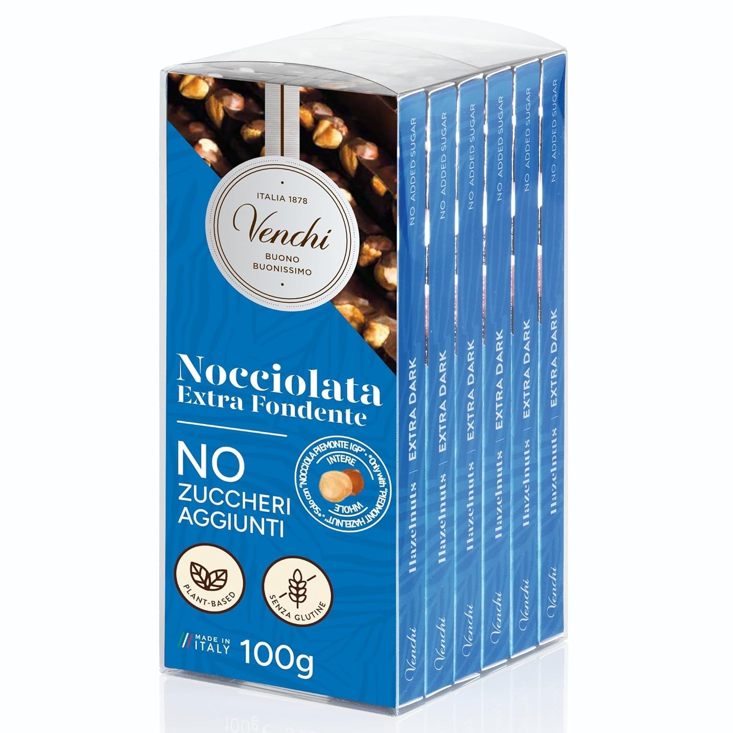 Venchi – Pachet de 6 batoane de ciocolată neagră cu alune de pădure, 600g – Fără zahăr adăugat – Fără îndulcitori artificiali – Fără gluten – Vegan – Idee de cadou