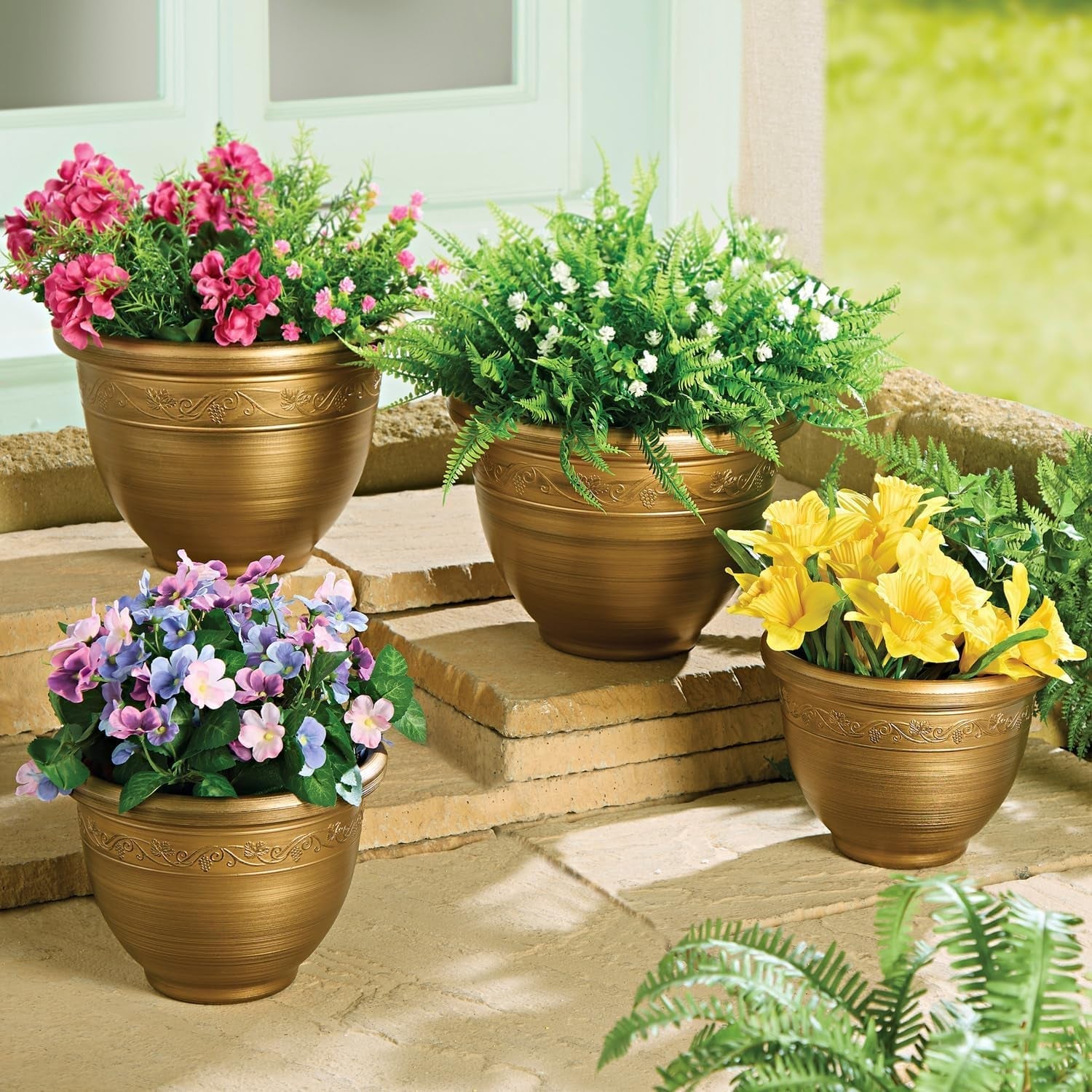 ® Set de ghivece din plastic în stil retro – set de 4 piese în două dimensiuni – rezistent la intemperii și ușor – margine decorativă – set de ghivece de culoarea bronzului pentru plantare