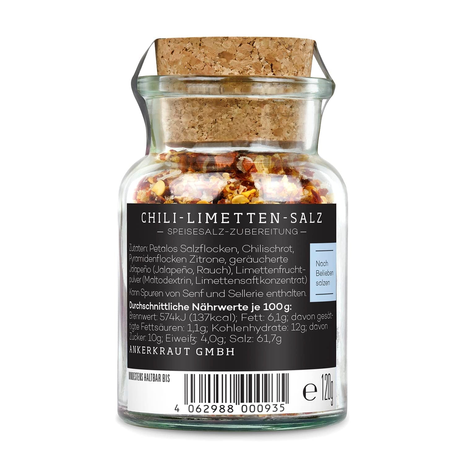 Ankerkraut Chili-Limetten-Salz, 70g im Korkenglas, Speise-Salz Mischung für Steak Fisch Salat Asia Gerichte, Allrounder mit Geschmack und Qualität