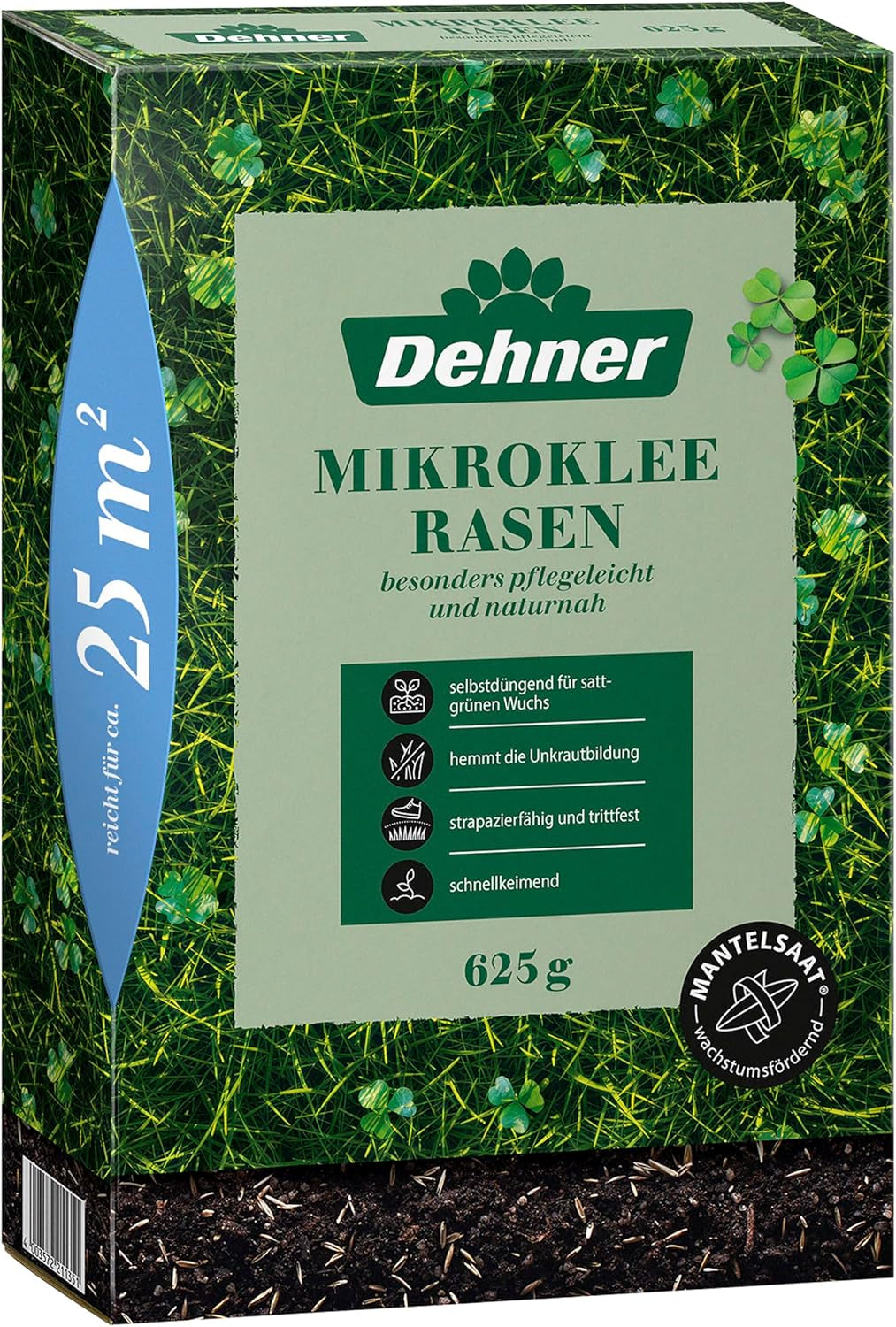 Dehner Saatgut Rasensamen, Mikroklee-Rasen, Hochwertige Saatgutmischung, Selbstdüngend/Selbstkeimend, 625 G, Für Ca. 25 M², Natur