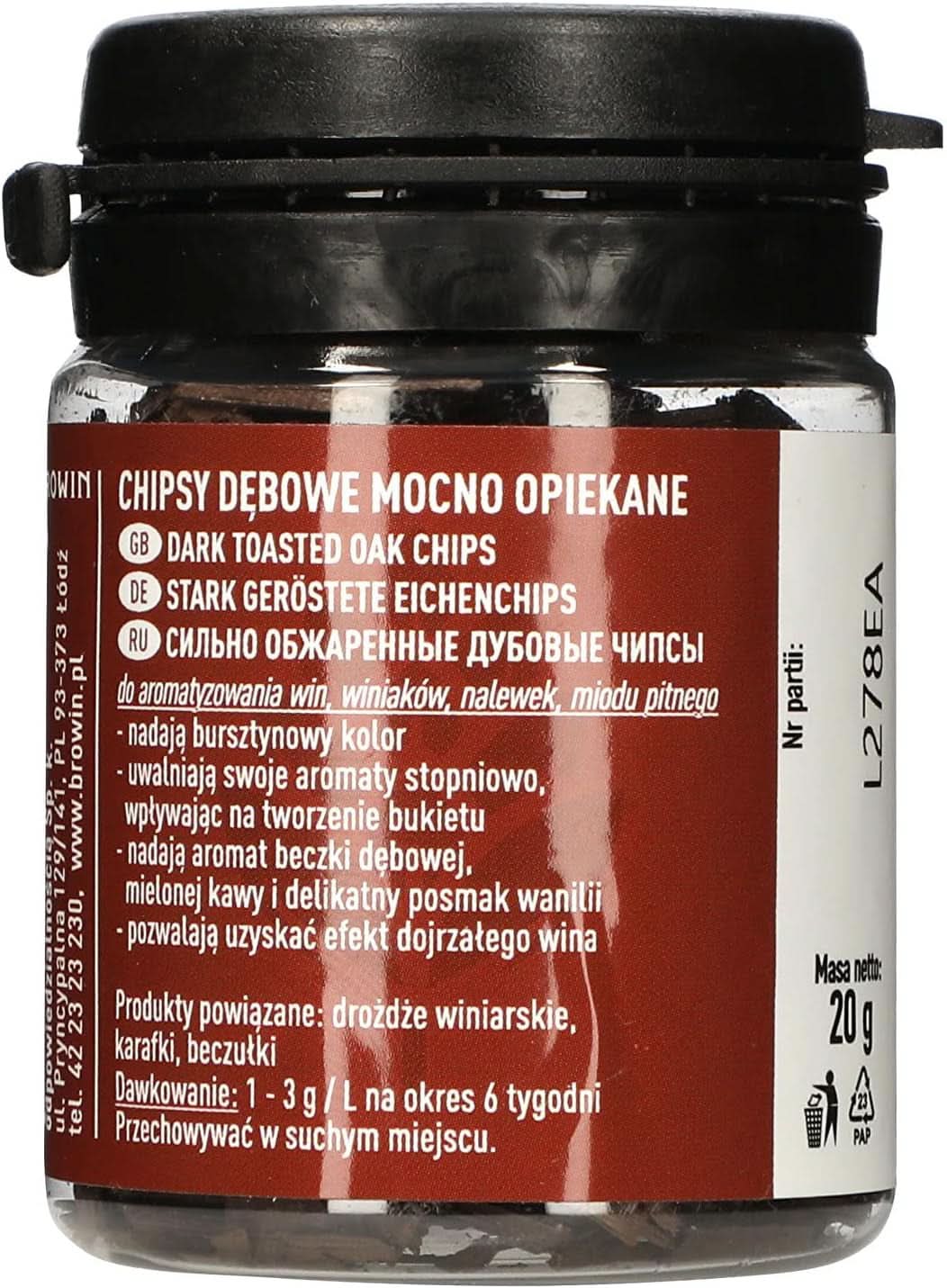 Browin Așchii de stejar puternic prăjite 20 g - fulgi, bastoane fine de stejar pentru aromatizarea alcoolului, maro Arome Naty Shop 20 grame Foarte prăjit - fulgi