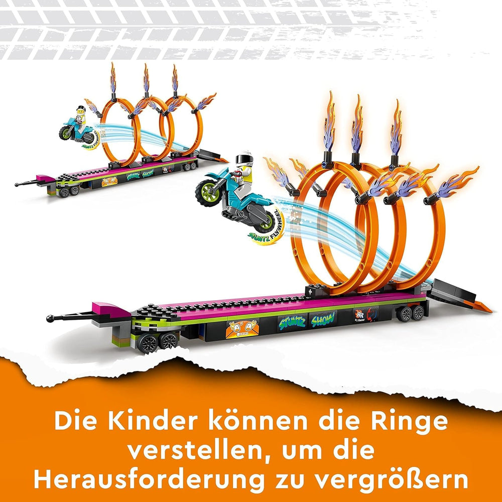 LEGO 60357 City Stuntz Stunttruck mit Feuerreifen-Challenge, mit schwungradbetriebenem Motorradspielzeug und Minifiguren, lustiges Geschenk für Kinder ab 6 Jahren, 2023 Set