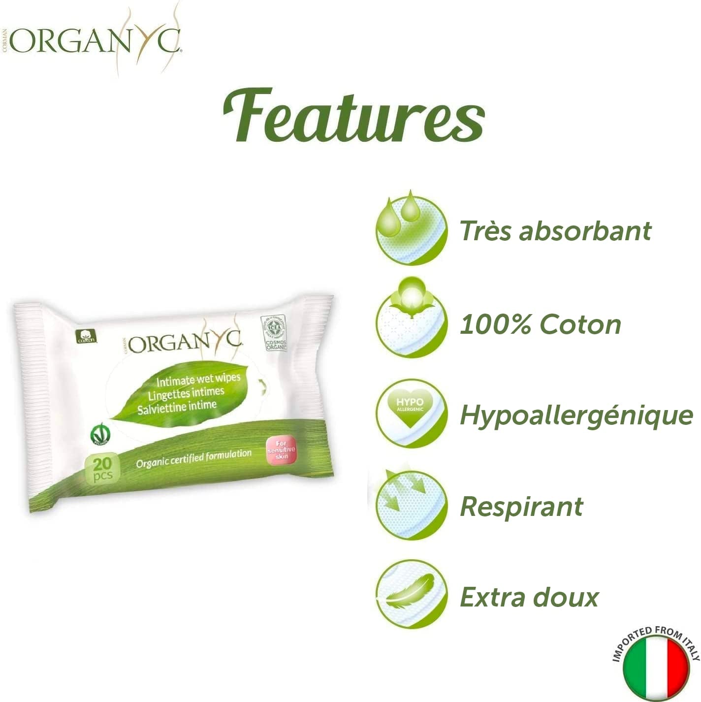 Șervețele umede Organyc Moist Intimate, fabricate din bumbac 100% organic certificat - 4 pachete a câte 20 de șervețele (80 de șervețele în total)