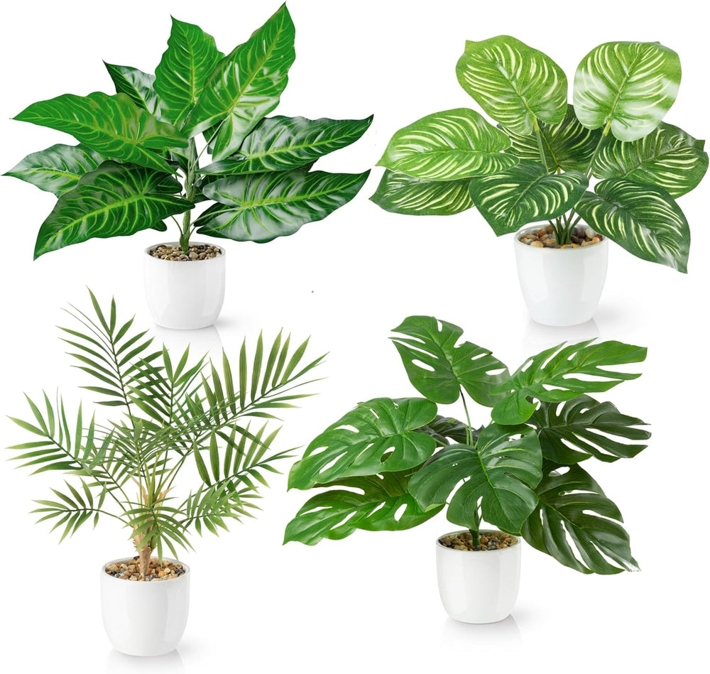 PASCH® 4Er Set Tropische Kunstpflanzen Wie Echt (35Cm) in Weißen Keramiktöpfen: U.A. Monstera Künstlich & Areca Kunstpalme | Künstliche Pflanzen Im Topf | Fake Plant | Kunstblumen Im Topf