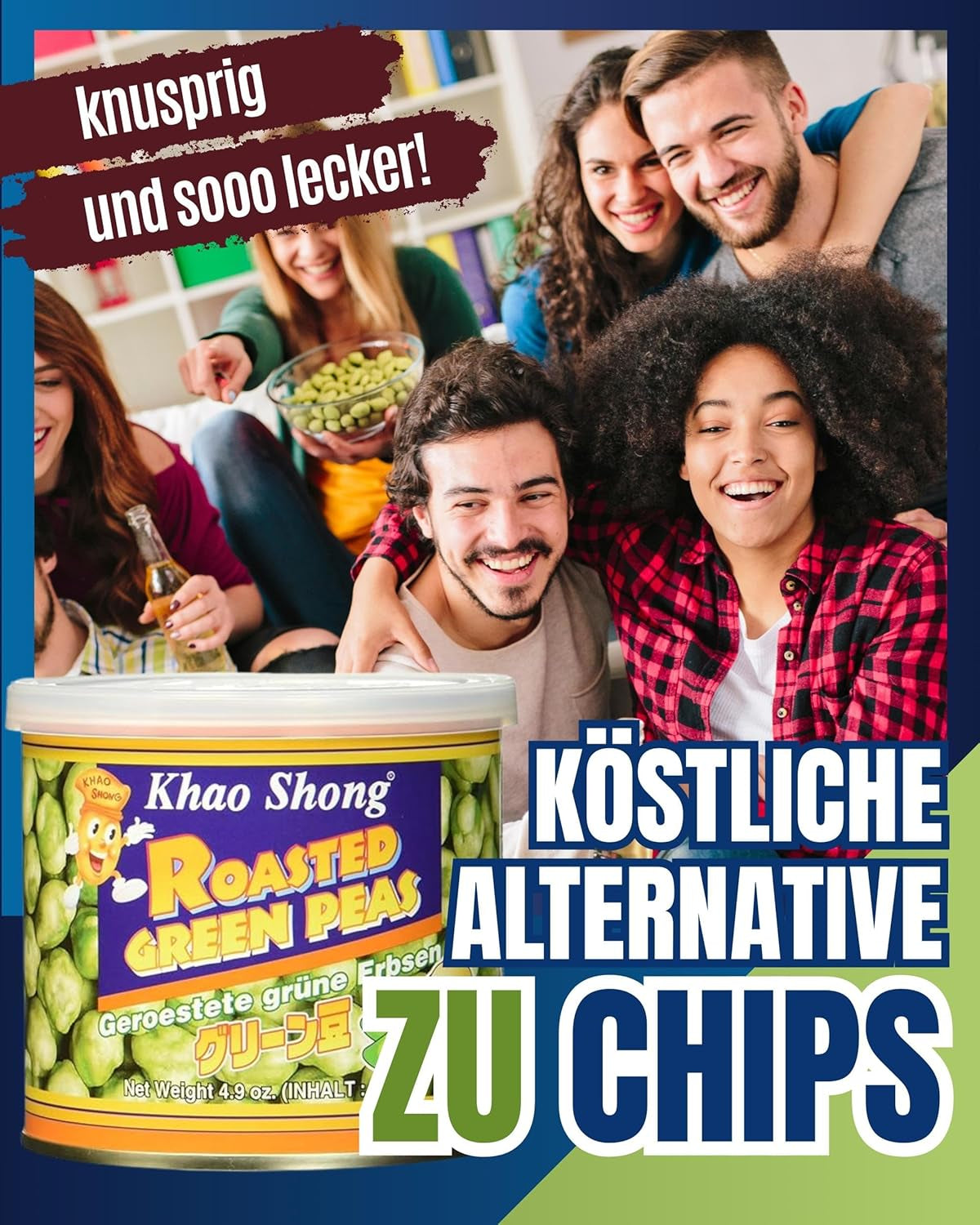 Mazăre verde prăjită Khao Shong cu wasabi, mazăre crocantă într-un aluat picant, o alternativă cu conținut scăzut de grăsimi la nuci, iuțeală medie, 1 conservă de 140 g | 140 g (1 pachet)