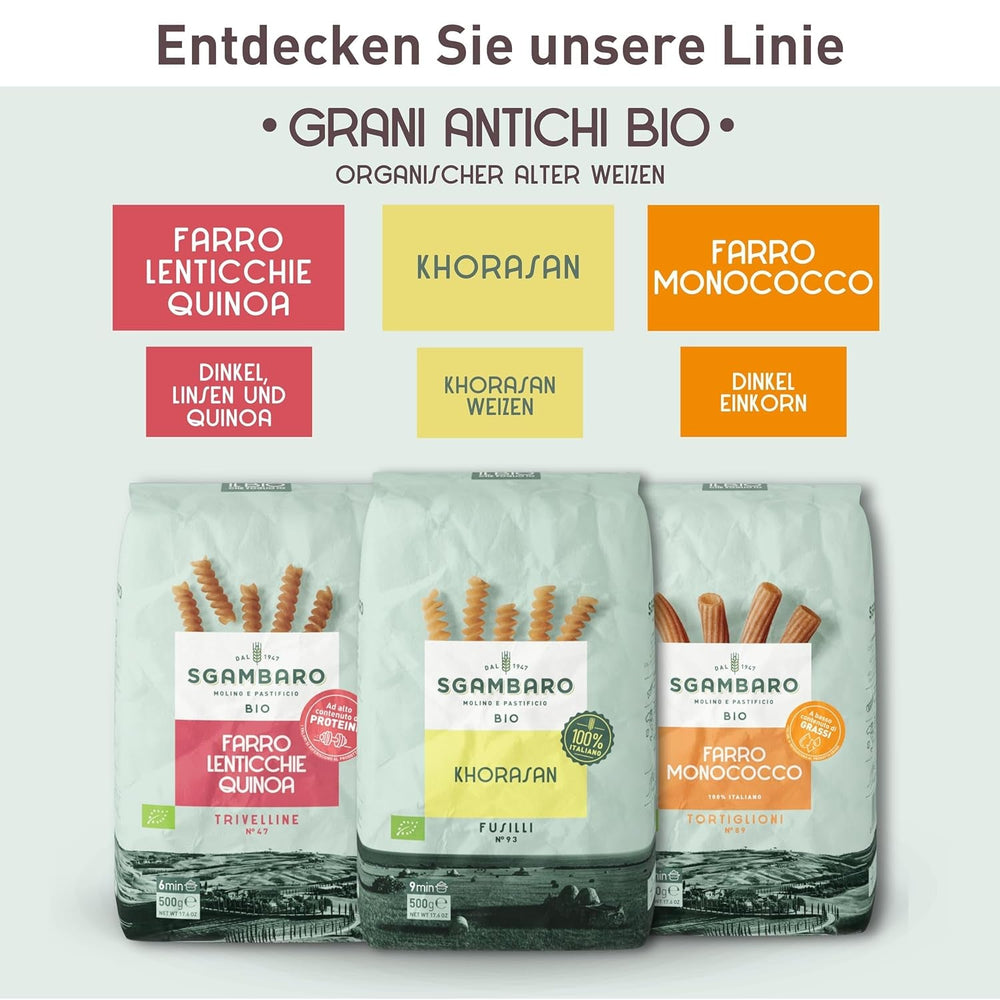 Paste organice Trivelline N.47 - 500g cu făină de spelta, făină de linte și făină de quinoa – Bogate în proteine, sursă de fibre și proteine