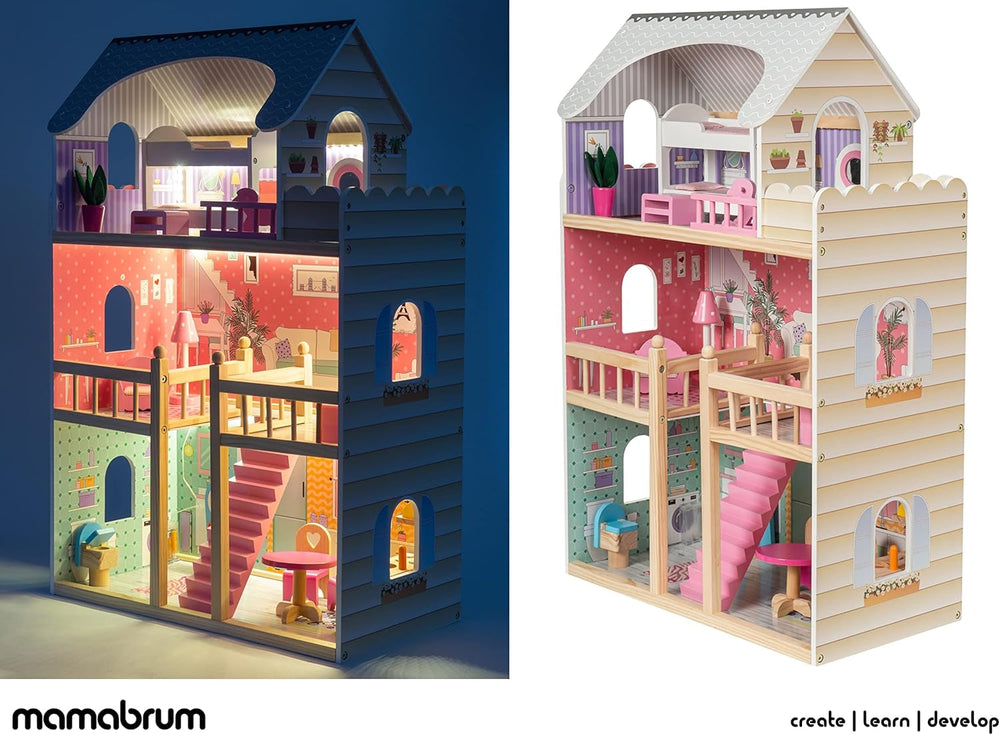 A405 Casă de păpuși cu iluminare LED - 3 etaje și set de mobilier - Casă de joacă din lemn, inclusiv accesorii: bucătărie, baie, dormitor - Cadou pentru fete de la 3 ani în sus Casute de papusi Naty Shop