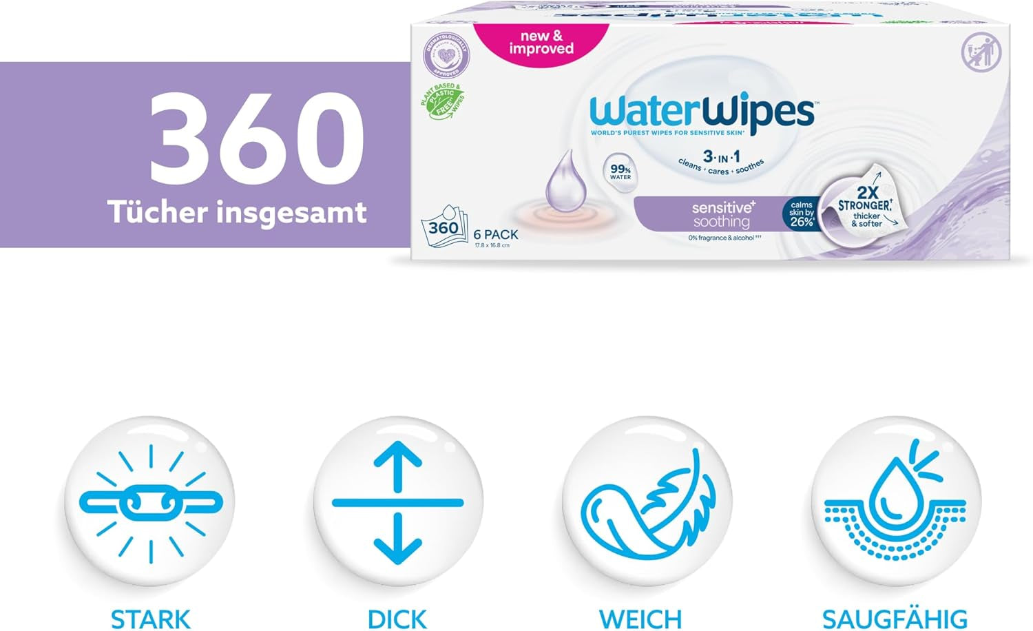 Șervețele umede WaterWipes Sensitive+ Soothing Clean, 360 bucăți (6 pachete), curățare, îngrijire și calmare 3 în 1, 99% apă cu extract de plante, șervețele umede pentru bebeluși fără parfum