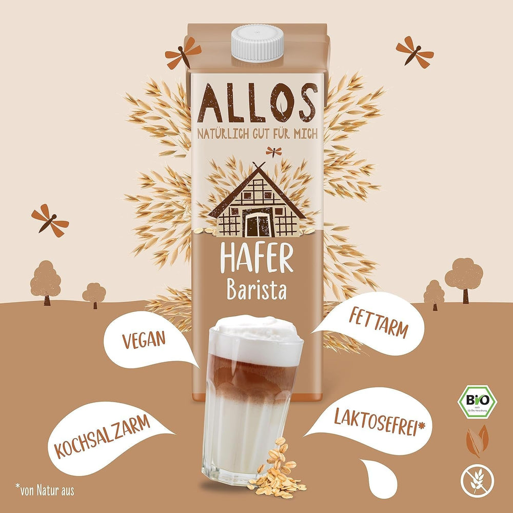 Allos Bio Haferdrink Barista | Milchalternative aus Hafer | Schaumbarer Drink auf Pflanzenbasis | Perfekt für Kaffee | Veganer, laktosefreier Drink | 1 Liter (6 Stück)