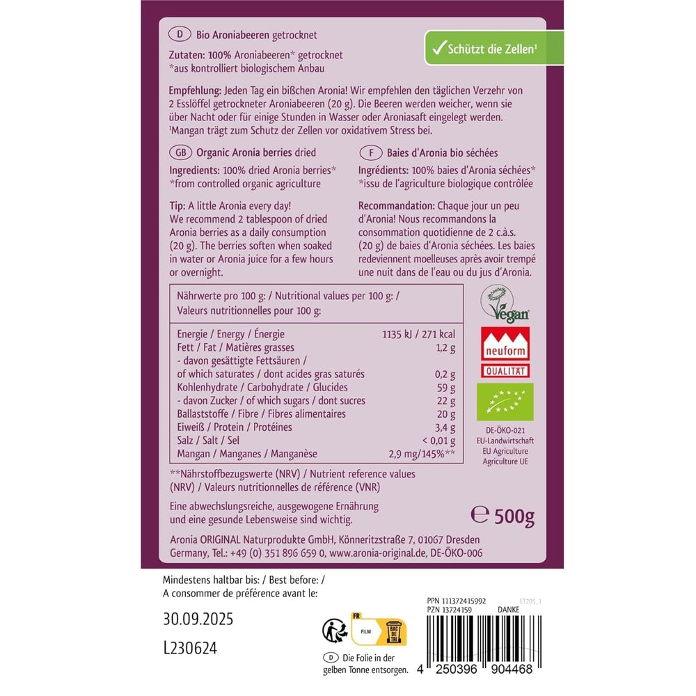 Aronia ORIGINAL fructe de aronia organice uscate 500 g | fructe de padure uscate delicat | vegan, fără conservanți, fără zahăr adăugat (conform legii) Produse deshidratate Naty Shop