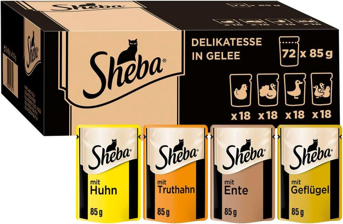 Hrană umedă pentru pisici SHEBA - 72 pliculețe x 85g - Varietate de păsări de curte în jeleu - Hrană umedă pentru pisici - 1 pachet mare