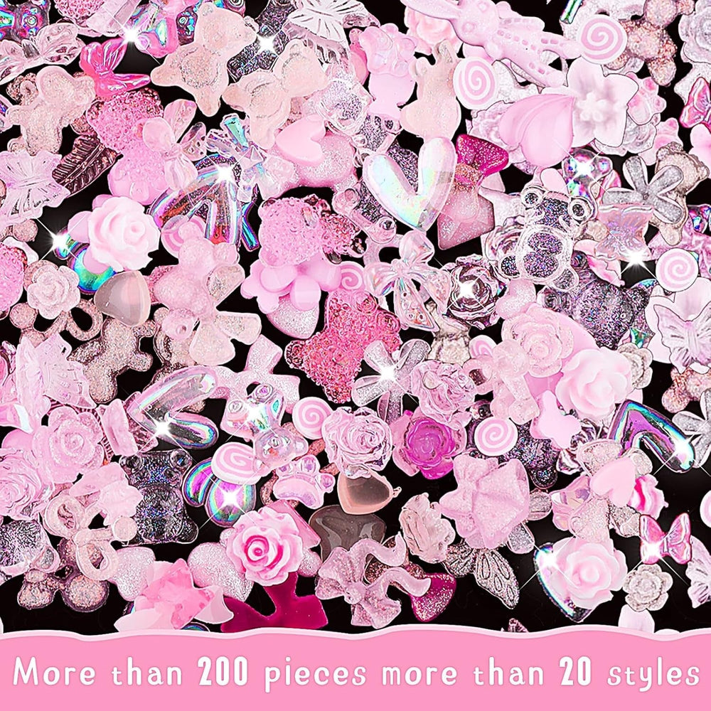 200 piese Nail Art Charms 3D Nail Art Decoration Set Arc Nail Pendant Roz Stil Mixt Arc Floare Ursuleț Acadea În formă de Inimă Nail Art Decorare DIY Craft Nail Design