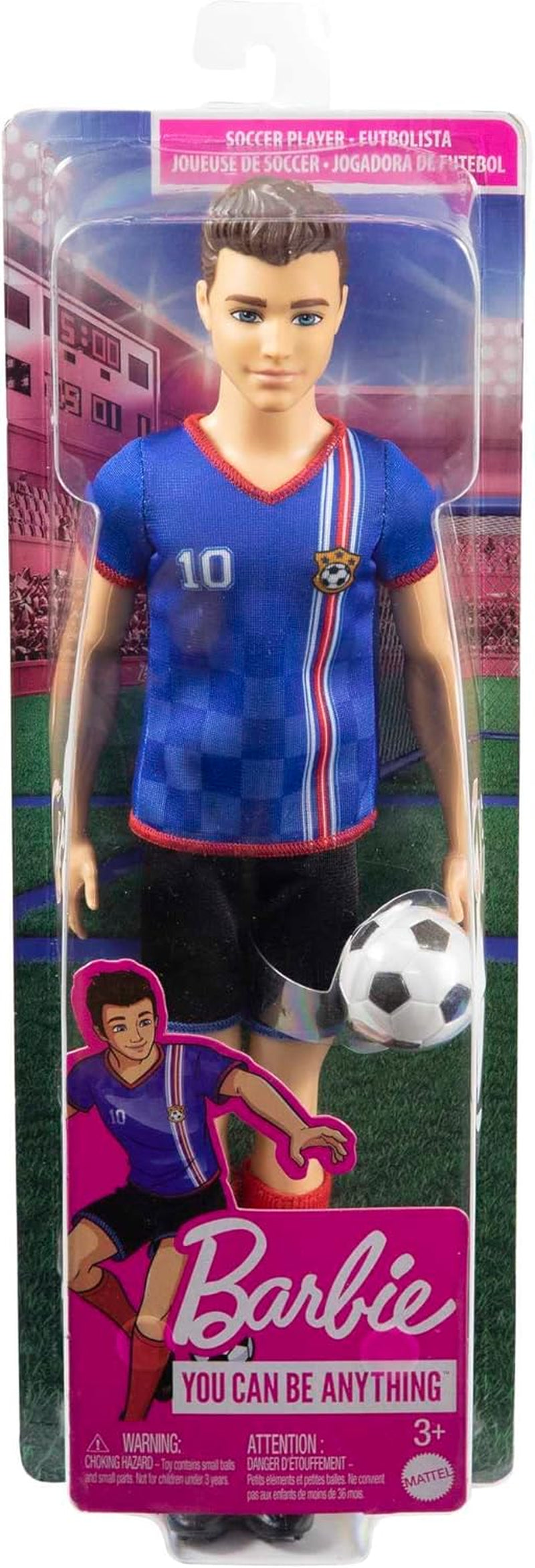 Barbie You Can Be Anything Serie, Ken Fußballspieler Puppe, Ken Puppe mit braunen Haaren, blaues Trikot, Fußball, 1x Ken Fußballspieler Puppe, Geschenk für Kinder, Spielzeug ab 3 Jahre, HCN15