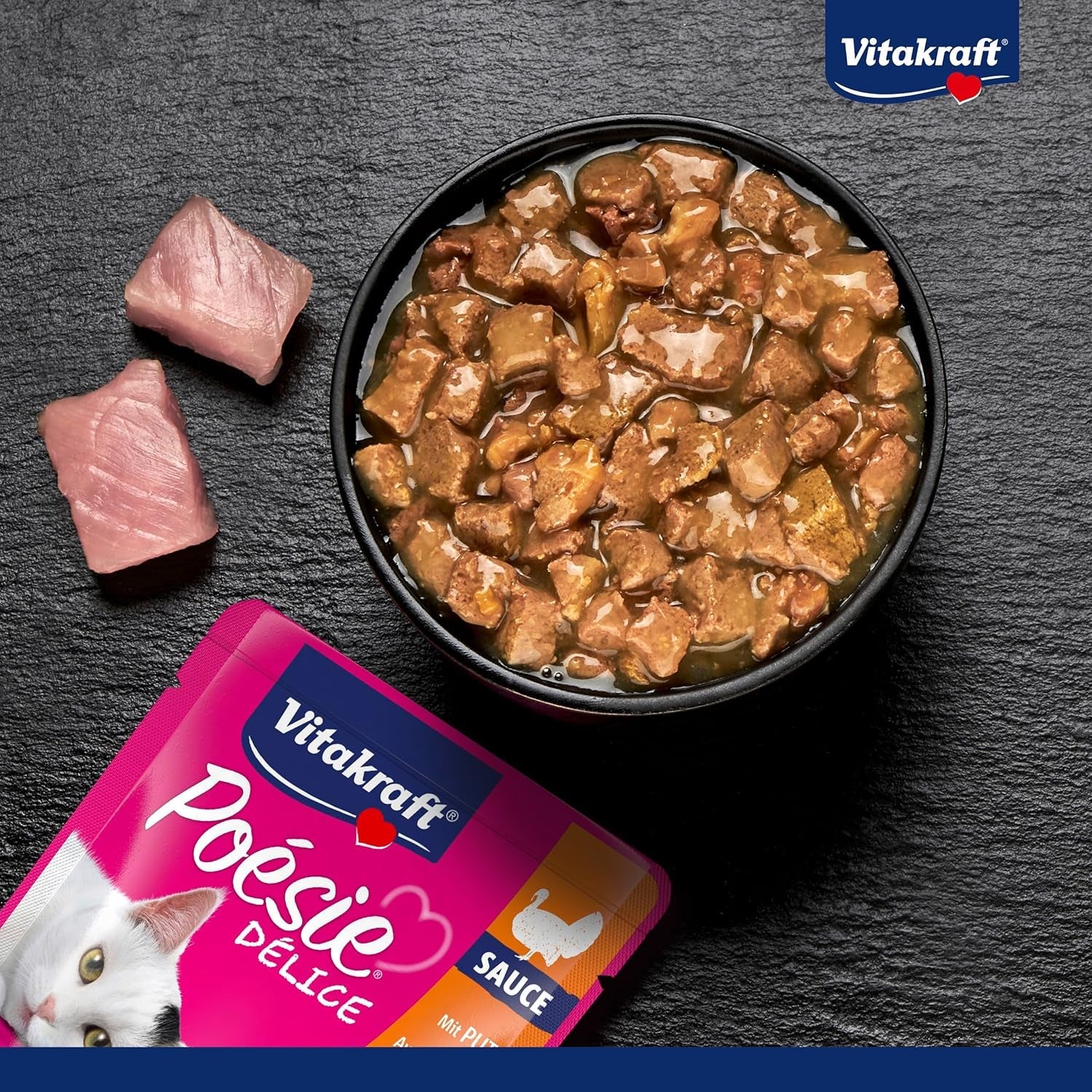 Vitakraft Poésie Délice, hrană umedă pentru pisici, hrană pentru pisici în sos, cu curcan, pachet vrac, fără zahăr adăugat sau cereale (23 x 85g)