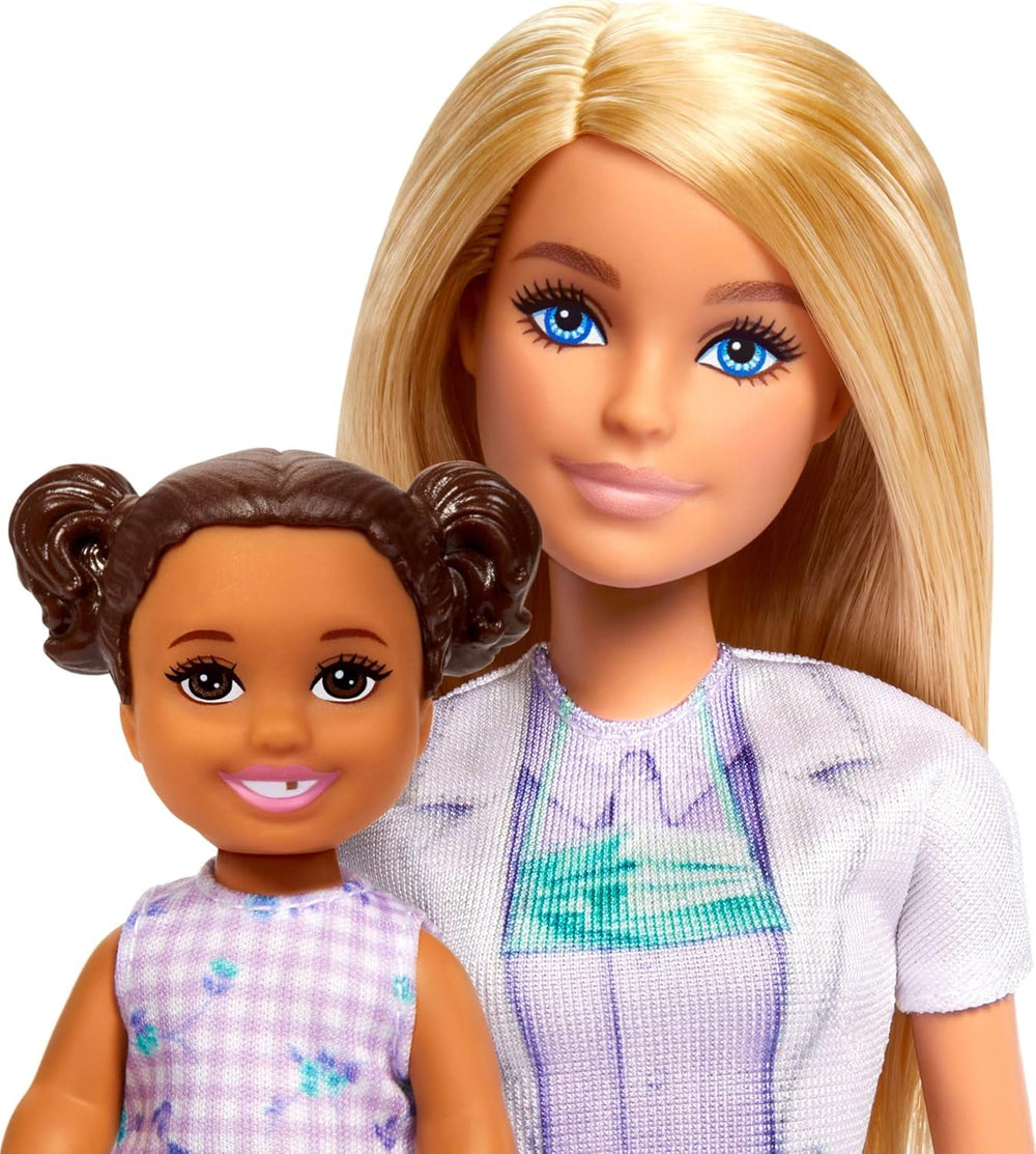 Barbie Zahnärztin-Puppe, Modepuppe mit blonden Haaren, blauem Kleid und Laborkittel, 1 Kinderpuppe, Untersuchungszubehör und passende Accessoires, JCR74