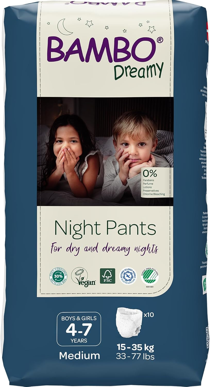 Scutece Bambo Dreamy Nighttime Pull-Up, mărime mare (35–50 kg/77–110 lbs), pachet de 10 | Scutece pull-Up pentru copii | Chiloți de noapte ultra-absorbanți pentru enurezis