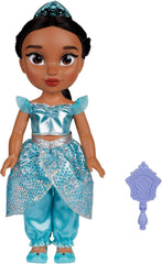 Disney Princess Jasmin Puppe 35cm, reflektierende Glitzeraugen, bewegliche Gelenke, ausziehbares Outfit, Schuhe, Krone, langes geflochtenes Haar, für Mädchen ab 3 Jahren