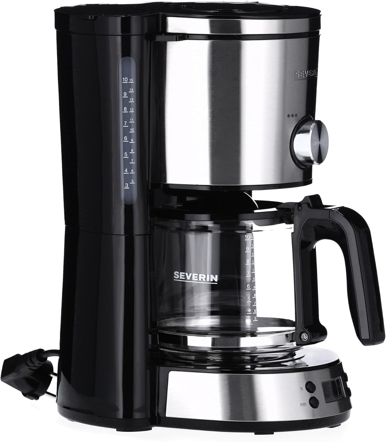 Espressor SEVERIN „TypeSwitch” cu carafă de sticlă și cronometru, AromaSwitch pentru alegerea a 2 opțiuni de preparare, ceas digital cu funcție de cronometru, pentru până la 10 cești, 1000W, oțel inoxidabil periat-negru, KA 4826