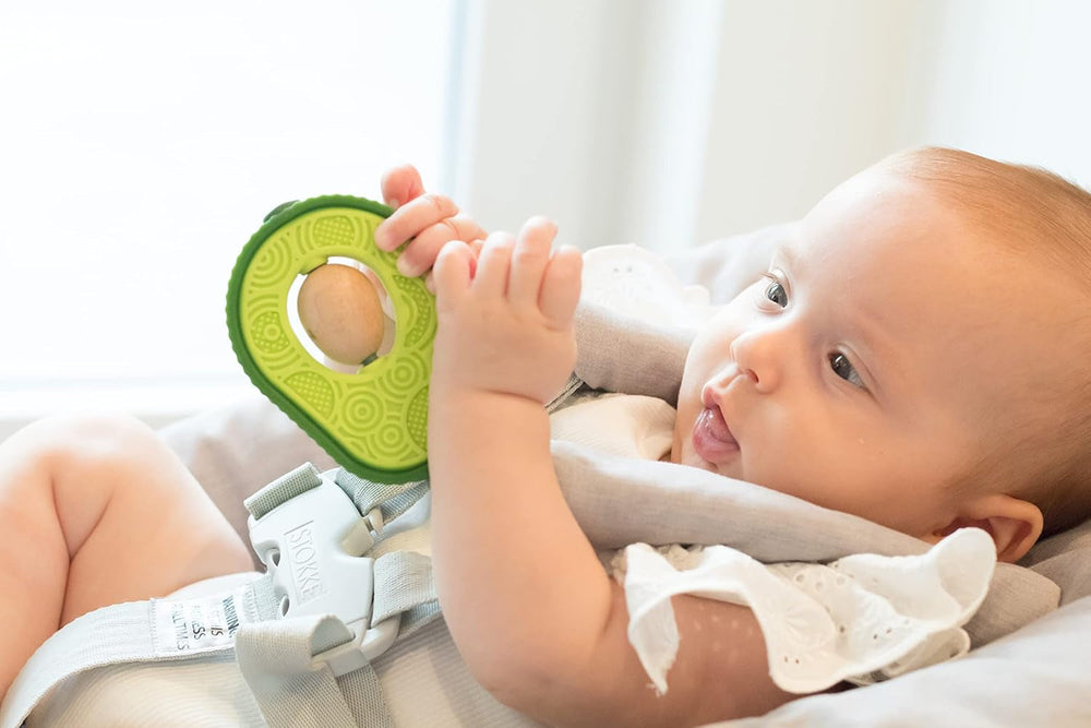 Nuby - Inel de dentiție „Avocado” - Jucărie de dentiție din silicon și lemn - Miez rotativ din lemn - Jucărie de dentiție pentru bebeluși și copii mici - Ajutor pentru dentiție - Fără BPA - 6+ luni