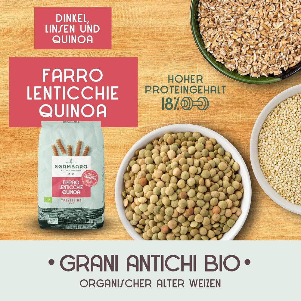 Paste organice Trivelline N.47 - 500g cu făină de spelta, făină de linte și făină de quinoa – Bogate în proteine, sursă de fibre și proteine