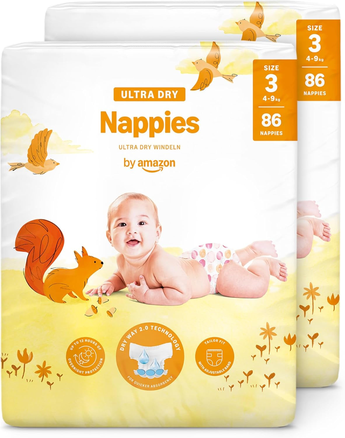 Scutece Ultra Dry de la Amazon, mărimea 3 (4-9 kg) - Cutie lunară, alb, 172 bucăți (2 pachete a câte 86) (Anterior sub marca Mama Bear, produs identic)
