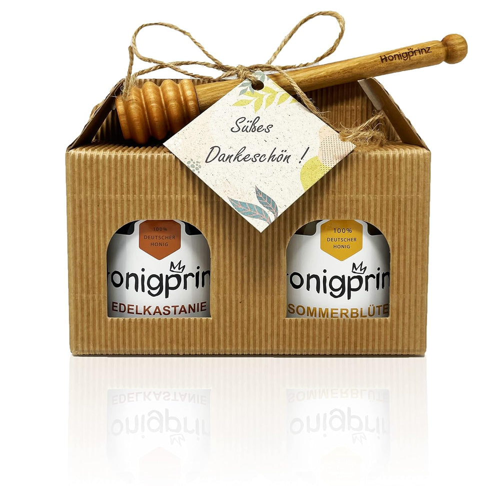 Honig Geschenkset "LIEBE Grüße" Mit Honiglöffel Aus Buchenholz Und Grußkarte - 1X250G Sanddorn Cremig Und 1X250G Frühtracht Cremig - 100% Deutscher Honig Honigprinz Familien-Imkerei