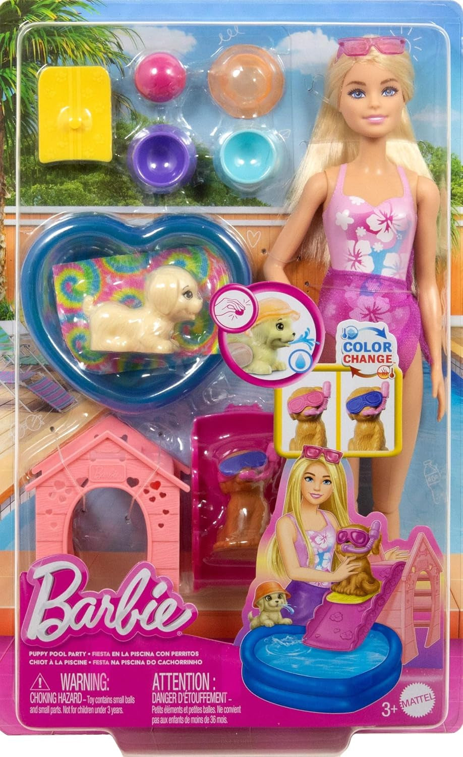 Barbie Welpen-Pool Party Spielset mit Modepuppe, Hundehütte und -rutsche, herzförmigem Pool, 2 Hundefiguren, 6 Zubehörteilen und Farbwechsel, JBF35