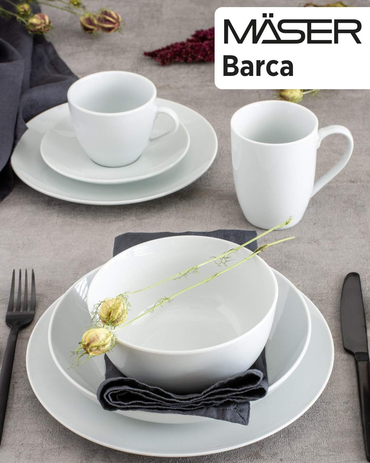 Set de veselă Mäser Barca pentru 6 persoane, set de 12 piese, porțelan, alb