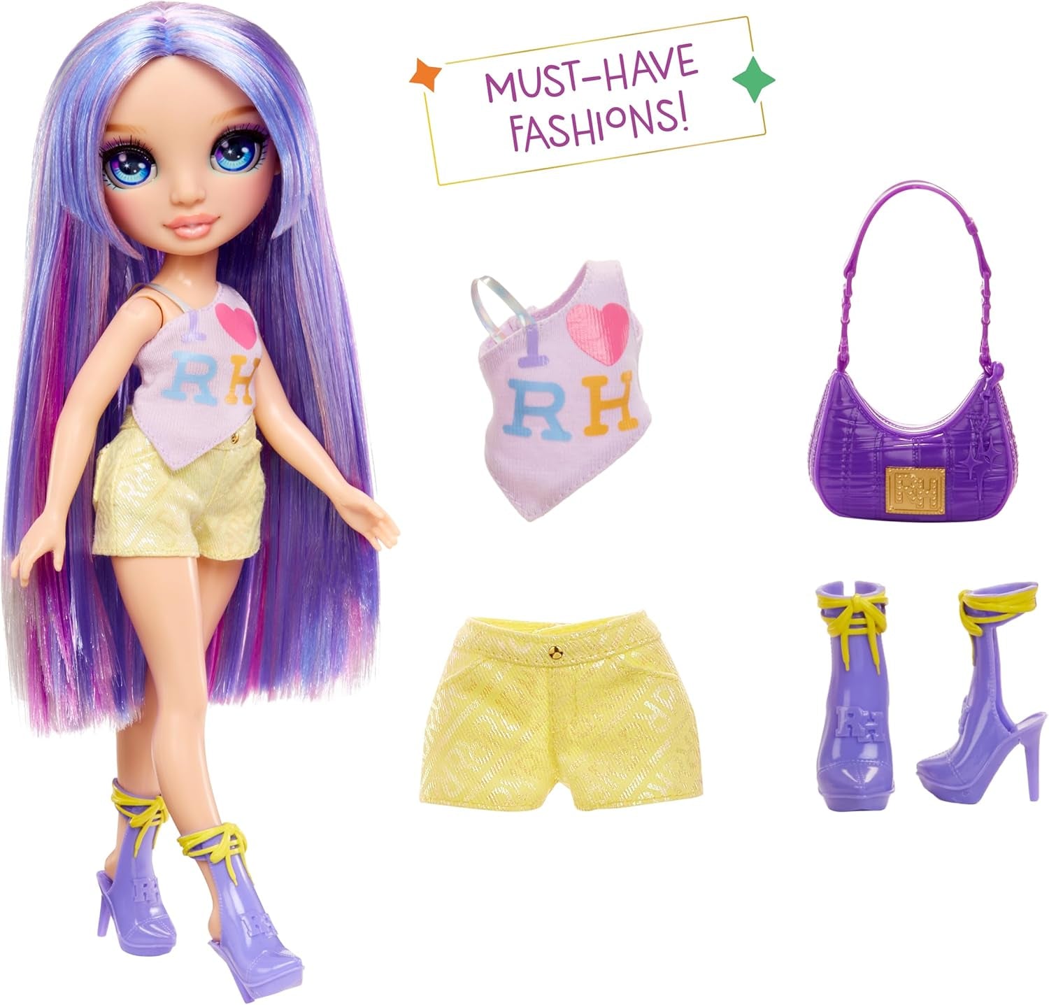 Păpușa Rainbow High My Fashion Style - Violet - 28 cm Păpușă la modă mov cu ținută atrăgătoare și geantă elegantă, pentru joacă, pozat, colecționare, pentru copii cu vârsta cuprinsă între 4 și 12 ani