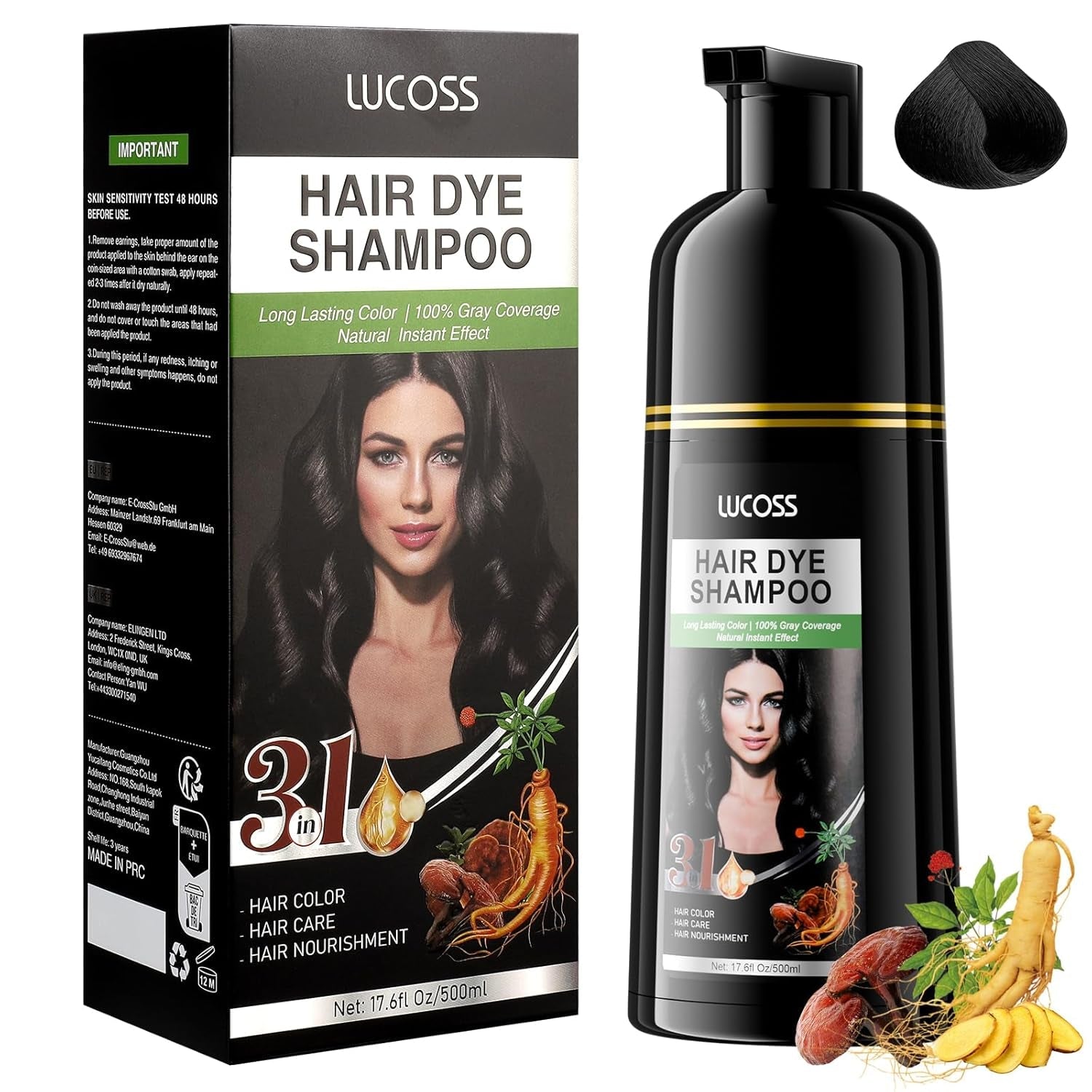 Șampon instant pentru păr negru, șampon natural pentru vopsirea părului, 100% acoperire gri - ușor și rapid, culoare semipermanentă pentru păr negru, șampon pentru vopsirea părului pentru bărbați și femei Vopsea pentru par Naty Shop Negru