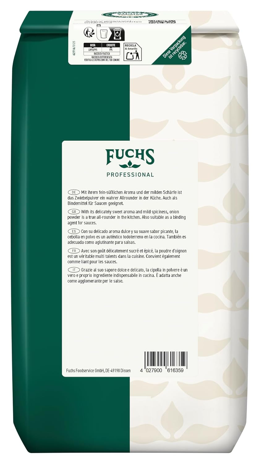 Fuchs Professional - Zwiebelpulver | Schonend verarbeitet, zum Würzen von herzhaften Gerichten | Profi-Qualität für Großverbraucher und Gastronomie | 1 kg im recyclebaren Beutel
