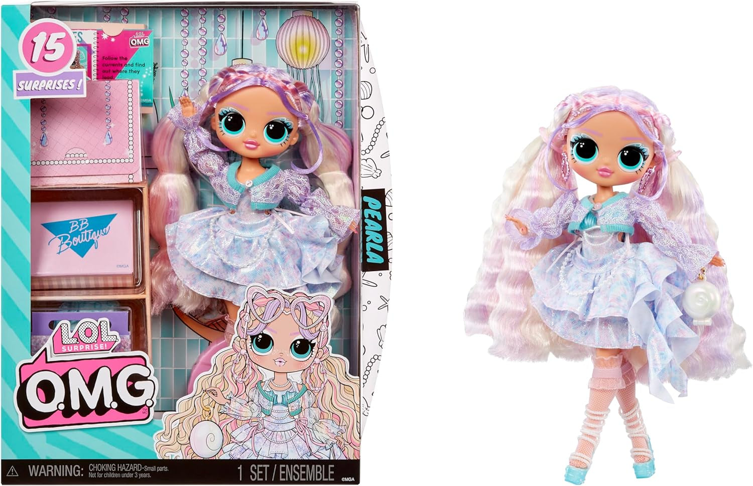 LOL Surprise! Păpușa la modă OMG Pearla cu 15 surprize - Păpușă cu ținută și accesorii în stil sirenă - Pentru copii cu vârsta de 4 ani și peste
