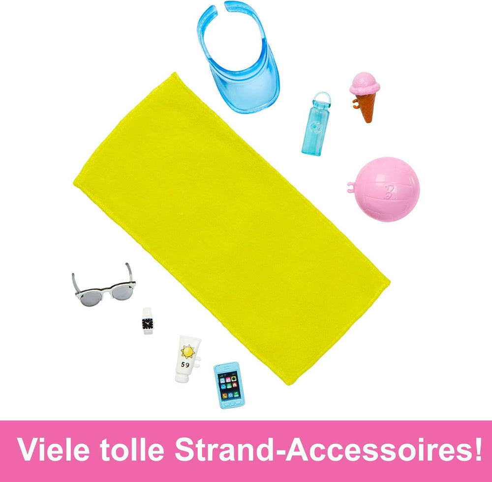 Barbie Ken - Păpușă blondă cu cămașă albastră și șorț de baie, accesorii de plajă și minge de plajă pentru joacă creativă, pentru copii cu vârsta de 3 ani și peste, HPL74