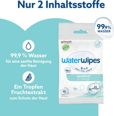 Șervețele umede WaterWipes Sensitive+ On The Go, 100 de șervețele (10 pachete), 3 în 1 curăță, îngrijește, protejează, 99,9% apă, șervețele fără parfum