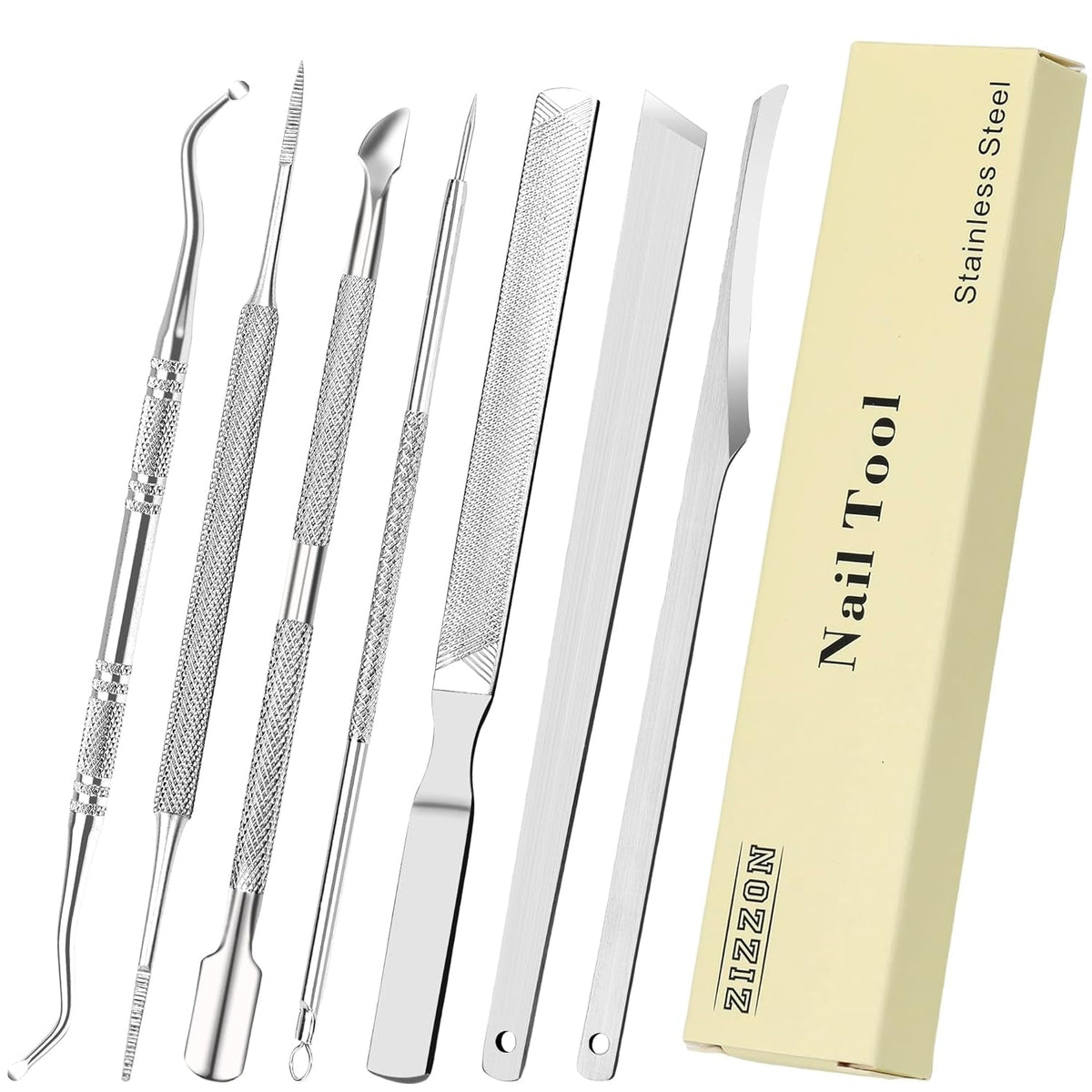 7-Teiliges Set Mit Feilen Und Hebern Für Eingewachsene Zehennägel, Set Aus Edelstahl Zum Entfernen Eingewachsener Zehennägel, Nagelreiniger Für Die Unternagelpflege, Pediküre-Werkzeuge